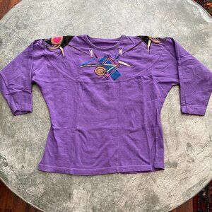 Vintage 80s Embroidered Geometric Patch Graphic Long Sleeve Shirt Purple S/M